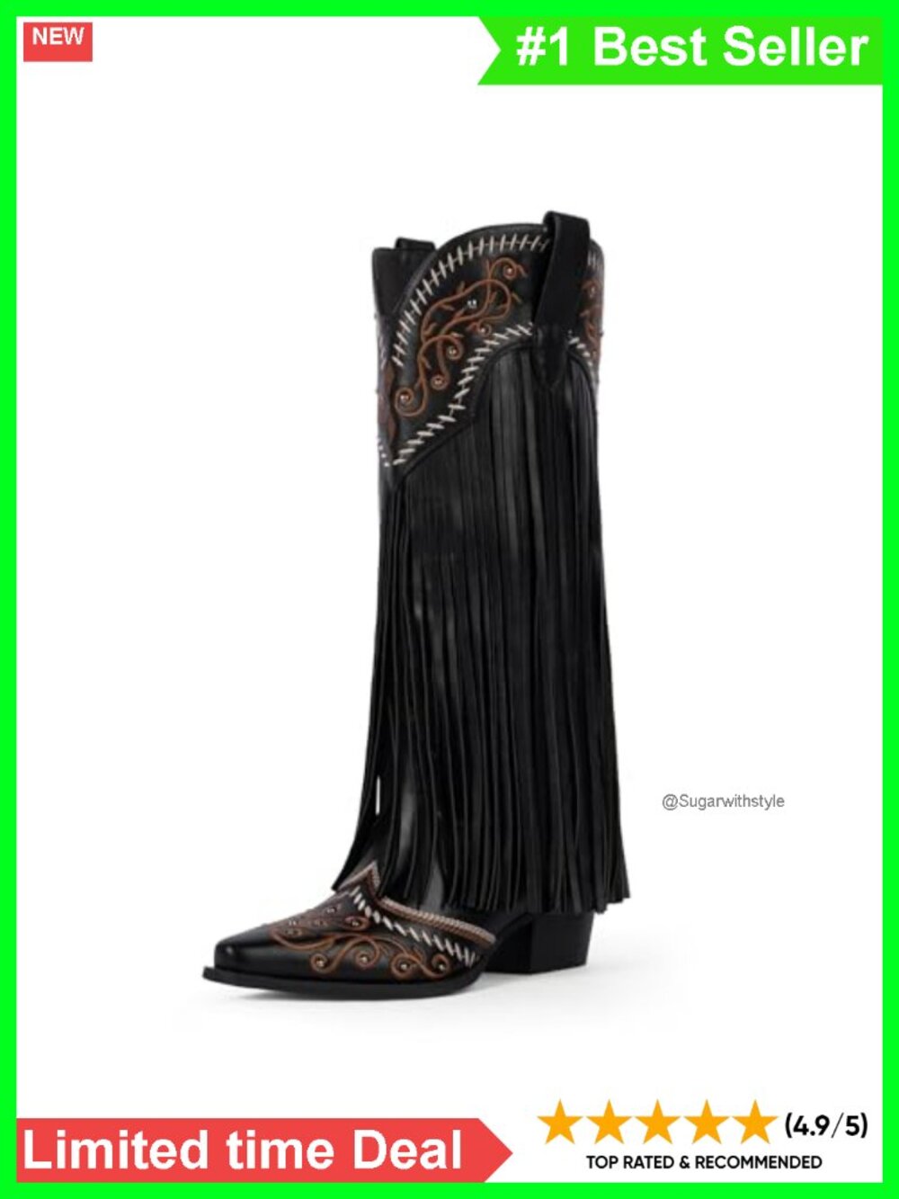 Knee High Cowgirl Boots Fringe Embroidered Chunky Heel